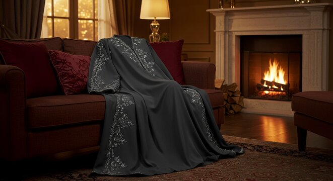 A dark grey wearable blanket with sleeves draped over a plush sofa in a cozy living room with a warm fireplace.