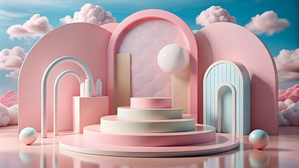 minimal scene with podium and clouds for product display