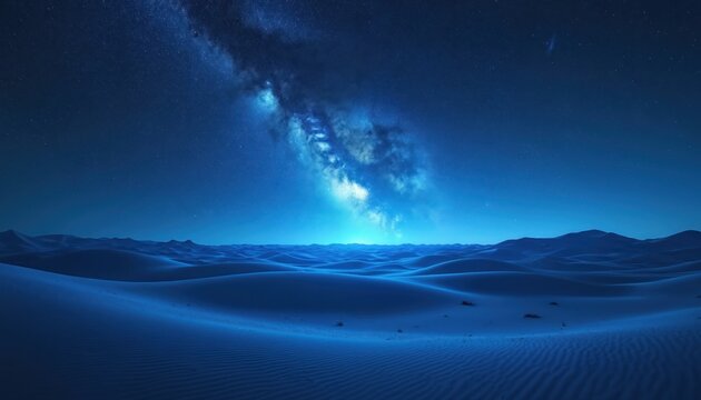 Vast blue desert landscape under dark starry night sky. Milky Way galaxy shines brightly over endless sand dunes. Mysterious blue glow illuminates distant horizon. Cosmic scene shows wonder of - Powered by Adobe