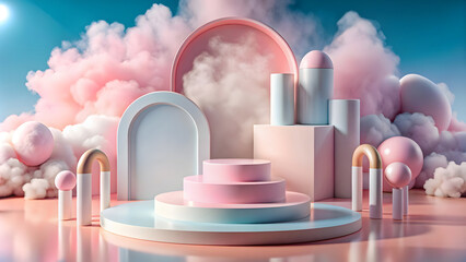 abstract background with podiums and pastel pink clouds