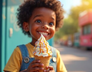 Smiling child with curly hair holds colorful ice cream. Young boy with joyful face eats dessert on a sunny day. African kid with sweet treat.