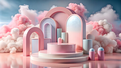 overall composition is playful and imaginative, blending elements of architecture and confectionery in a fantastical setting against a blue sky with clouds, creating a magical and surreal environment