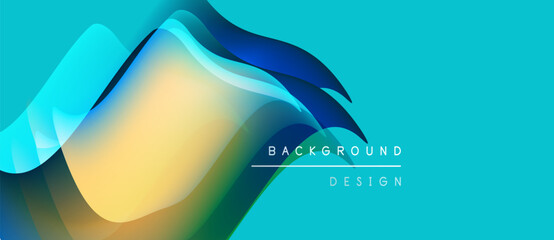 Abstract fluid shapes overlap, creating vibrant blue, yellow gradients. Text reads background design in simple font. Modern aesthetic.