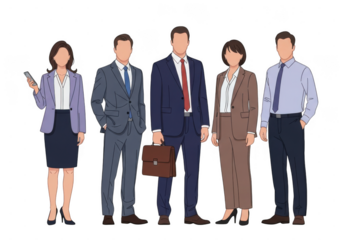 Group of five business professionals in formal attire standing together isolated on transparent background