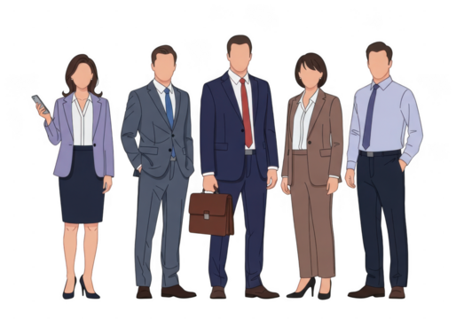 Group of five business professionals in formal attire standing together isolated on transparent background