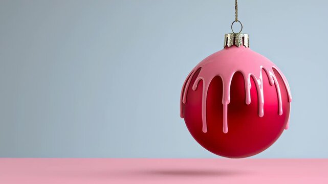 Vibrant red ornament with pink dripping glaze hangs gracefully against a soft blue background, showcasing a seamless transition in focus and perspective, emphasizing festive decoration and holiday spi