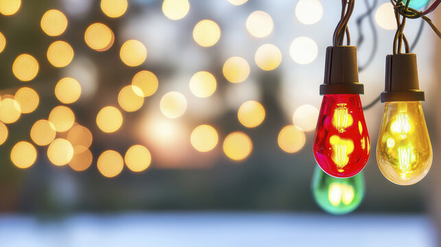 Bright Christmas lights hanging, creating festive atmosphere with colorful bulbs glowing against blurred background