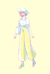 外出する女性　笑いかける　夏　パンツ