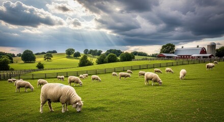 Obraz premium Idyllic Rural Landscape with Grazing Sheep, Red Barn, and Dramatic Sunlit Sky