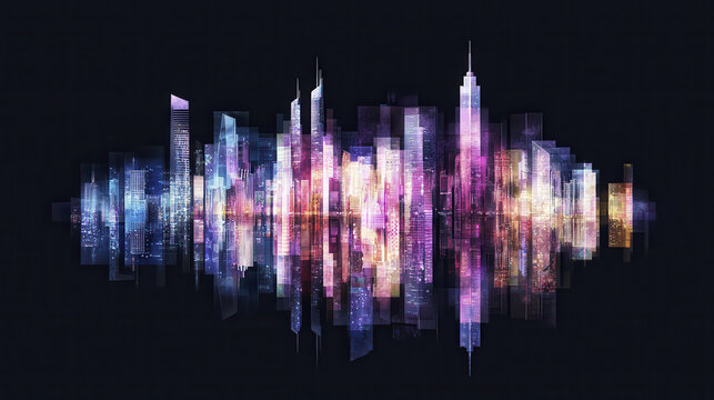 Colorful city skyline reflection at night with vibrant lights and abstract design, creating lively atmosphere