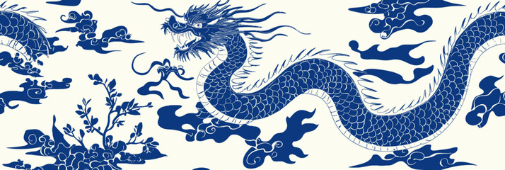 Intricate blue and white Chinese dragon illustration with cloud motifs and floral elements in traditional porcelain style vector design for cultural decoration and art pattern use