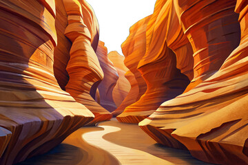 Narrow sandstone canyon with soft light beams filtering through curved orange walls in Arizona desert © Evan