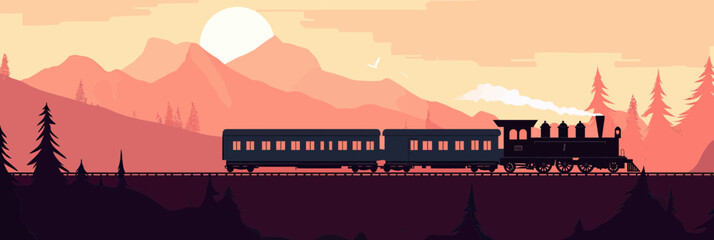 Vintage steam locomotive train with passenger cars moving through mountainous forest landscape at sunset flat vector illustration in minimalist style