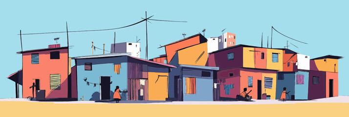 Colorful low income urban neighborhood with small houses and people in minimalist flat vector style illustration for social housing concept or community life background