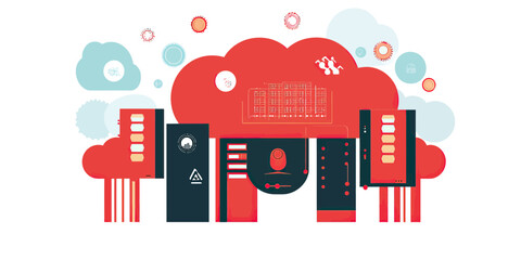 Obraz premium Cloud computing infrastructure with red server racks, data storage devices, digital network icons and gear symbols in flat minimalist style