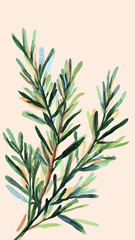 Obraz premium Minimalist vector illustration of rosemary herb branch with green needle leaves on light background for culinary and botanical design