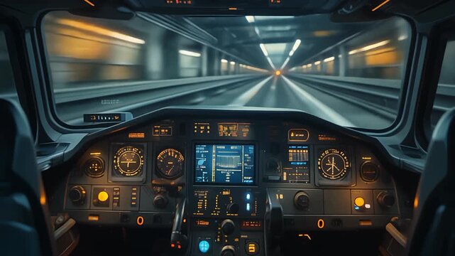 Futuristic Train Cockpit View High Speed Tunnel Dashboard Control Panel