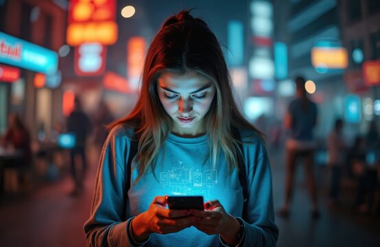 Woman uses cellphone in city at night. Girl browses on mobile phone illuminated by screen light on street. Urban cityscape. Digital lifestyle with mobile technology online.