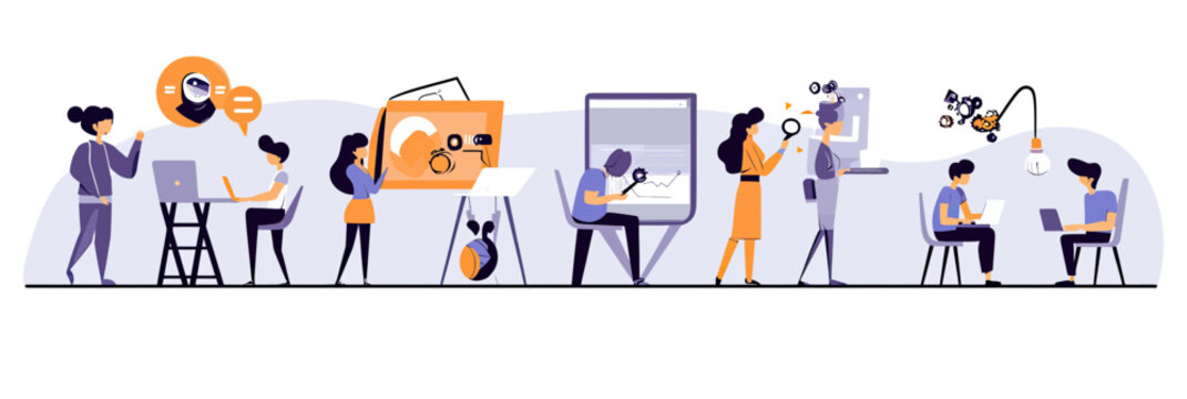 Diverse team collaborating on digital marketing strategy content creation and data analysis in modern flat vector style illustration