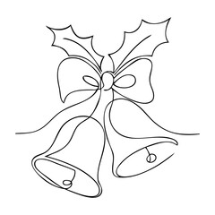 Logo con dibujo de línea continua de campanas con hojas y bayas de acebo para tarjetas y felicitaciones de Navidad