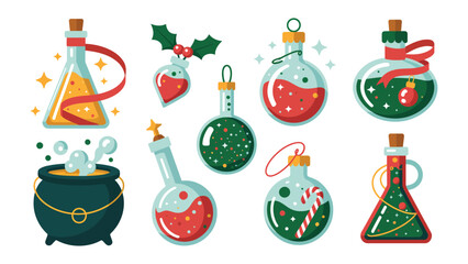 Magical Potion Set: An enchanting set of holiday-themed potion bottles with sparkling details. Featuring bottles with whimsical colors and festive elements.