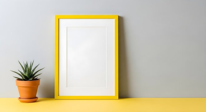 Yellow frame with a plant on a yellow table against a gray wall - Powered by Adobe