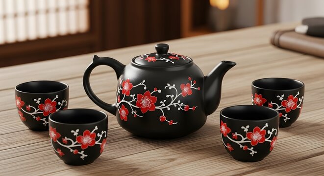 Black teapot and cups with red floral pattern on wooden table indoors