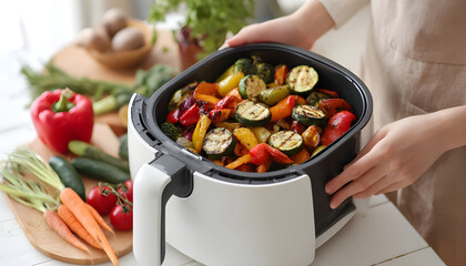 Woman opening air fryer with grilled vegetables at white wooden table, closeup. Space for text