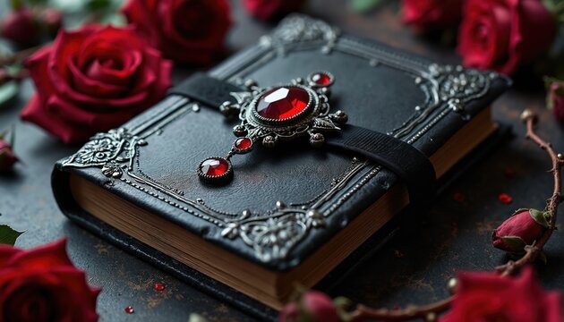 Gothic diary book with red gemstone and roses on dark background. Occult fantasy theme book for blog or fashion concept. Romantic journal in vintage style with ornament and jewelry.