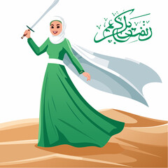 Fototapeta premium Woman in green dress holding sword on desert landscape illustration