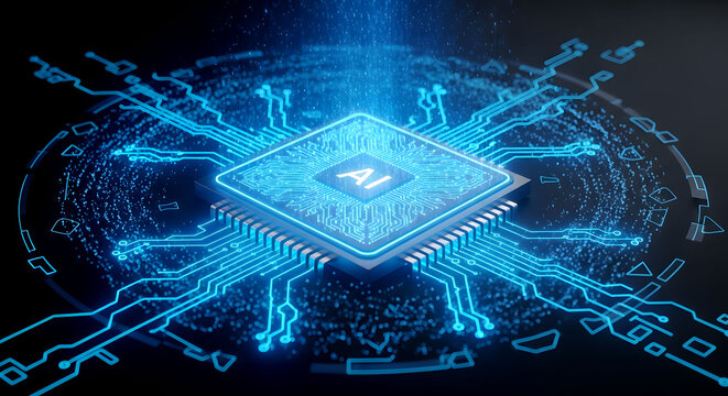 AI processor circuit board artificial intelligence chip technology futuristic digital electronics blue glowing circuits data processing neural network