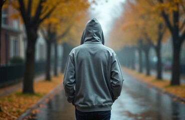 Rear view of person in gray hoodie walking down rainy street in fall. Trees with yellow leaves line road. Moody scene for autumn vibes or urban solitude concept. Hipster in hood walks.