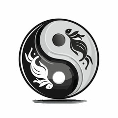 Yin yang symbol with fish depicted in black and white on isolated background