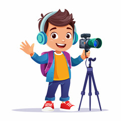 Young boy with headphones and camera on tripod vector illustration