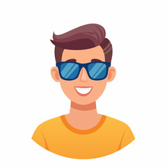 Young man smiling wearing sunglasses and yellow shirt on white background