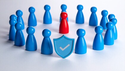 Red game piece in center of blue circle with shield icon and white checkmark on blue background.