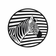 Zebra portrait in circular frame with black and white stripes design