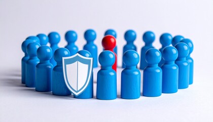 Red figurine in center of blue circle with shield icon in foreground on blue background.