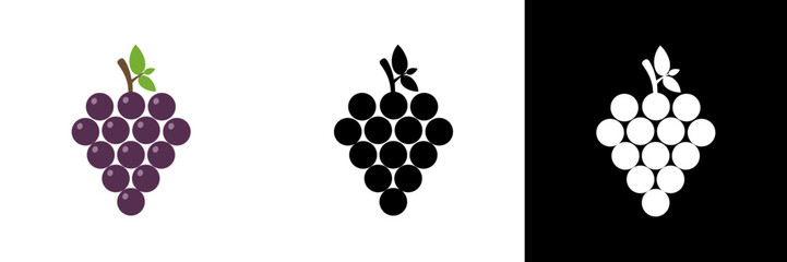 A stylized bunch of purple grapes with a small green leaf, shown in three color variations — representing freshness, fruitfulness, and natural produce.