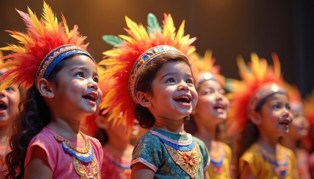 Happy children in colorful costumes performing on stage. Group of adorable toddlers singing in a concert. Expressive faces show joy and fun in celebration.