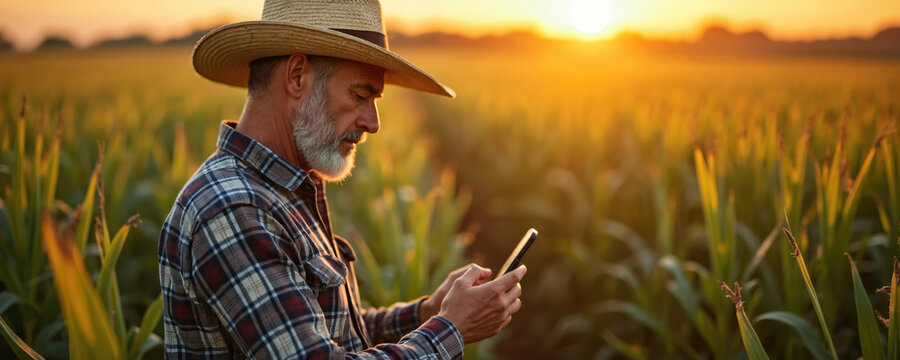 Bearded farmer in straw hat uses cell phone in cornfield. Man checks smart mobile device in rural farm field at golden hour sunset. Modern agro business tech in agriculture. Future farming data.