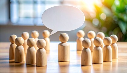 Wooden figurines in semicircle around central speaker with speech bubble on blue background.