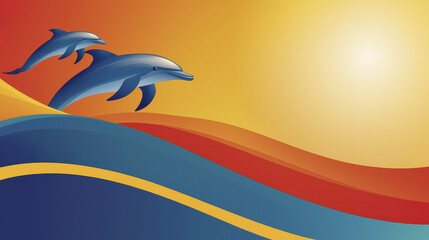 Dolphins swimming in vibrant waves under sunset sky create joyful and serene atmosphere