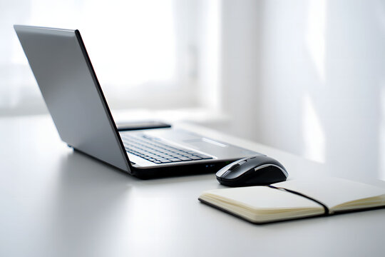Minimalist laptop workspace modern office desk wireless mouse notebook clean white background professional business technology remote work productivity