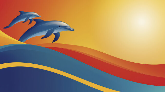 Dolphins swimming in vibrant waves under sunset sky create joyful and serene atmosphere