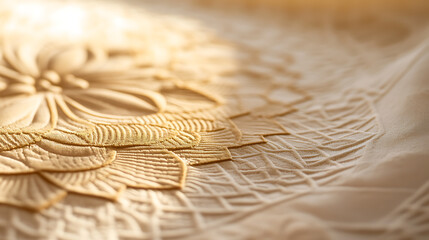 Close-up shot of a golden fabric with an elaborate raised pattern, the texture catching the light beautifully. Delicate floral design and geometric shapes.