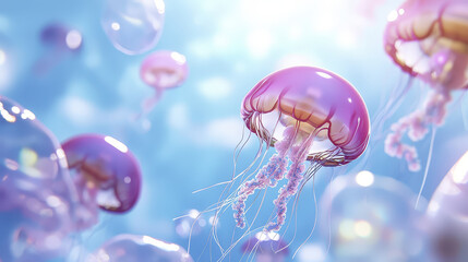 Vibrant jellyfish floating gracefully serene underwater environment, showcasing their translucent bodies and delicate