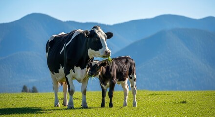 Mother Holstein Dairy Cow and Calf Grazing in Sunny Mountain Pasture