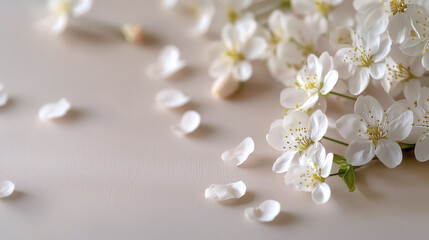 Delicate cherry blossoms scattered on soft surface, creating serene and tranquil atmosphere