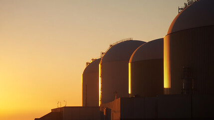 Industrial giants meet the dawn as the sun's rays paint the tanks with gold. Energy storage is silhouetted against a gradient sky. The structure stands tall.